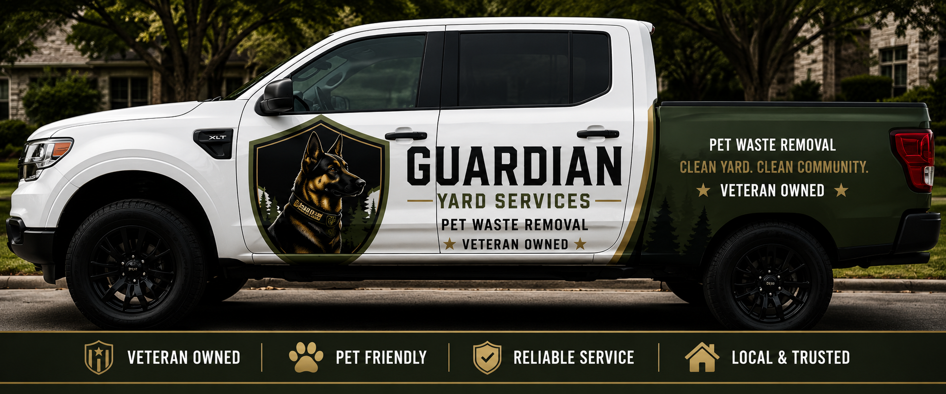 Guardian Yard Services truck — Veteran Owned · Pet Friendly · Reliable Service · Local & Trusted